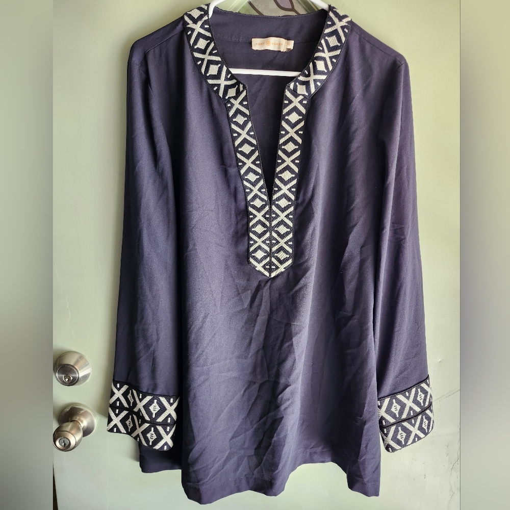 Tory Burch Tunic Top Ariana Embroidered Knit Trim Navy Blue Womens size 16